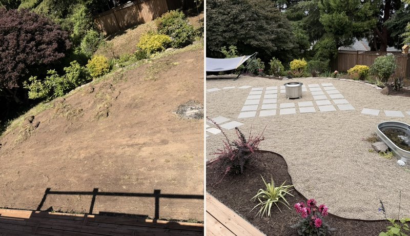 Aerial view of a backyard build — pavers, beds, and a winding path